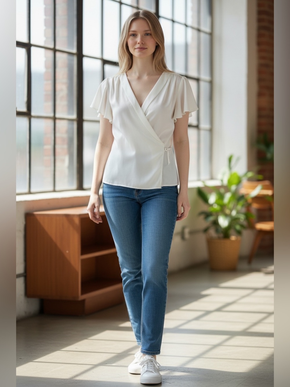 RW & Co. Cream Wrap V-Neck Flutter Sleeve Blouse